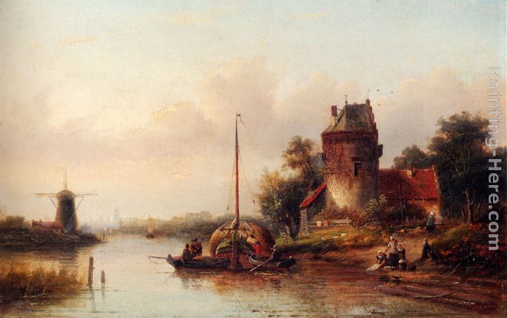 A River Landscape In Summer With A Moored Haybarge By A Fortified Farmhouse painting - Jan Jacob Coenraad Spohler A River Landscape In Summer With A Moored Haybarge By A Fortified Farmhouse art painting